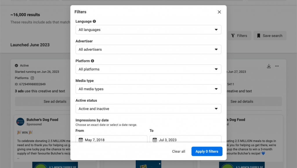 Searching Ads from Facebook Ad Library - Denote