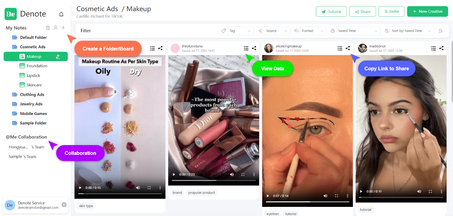 Save ads from TikTok and Facebook Ad Library, organize into boards, inspire your team - Denote