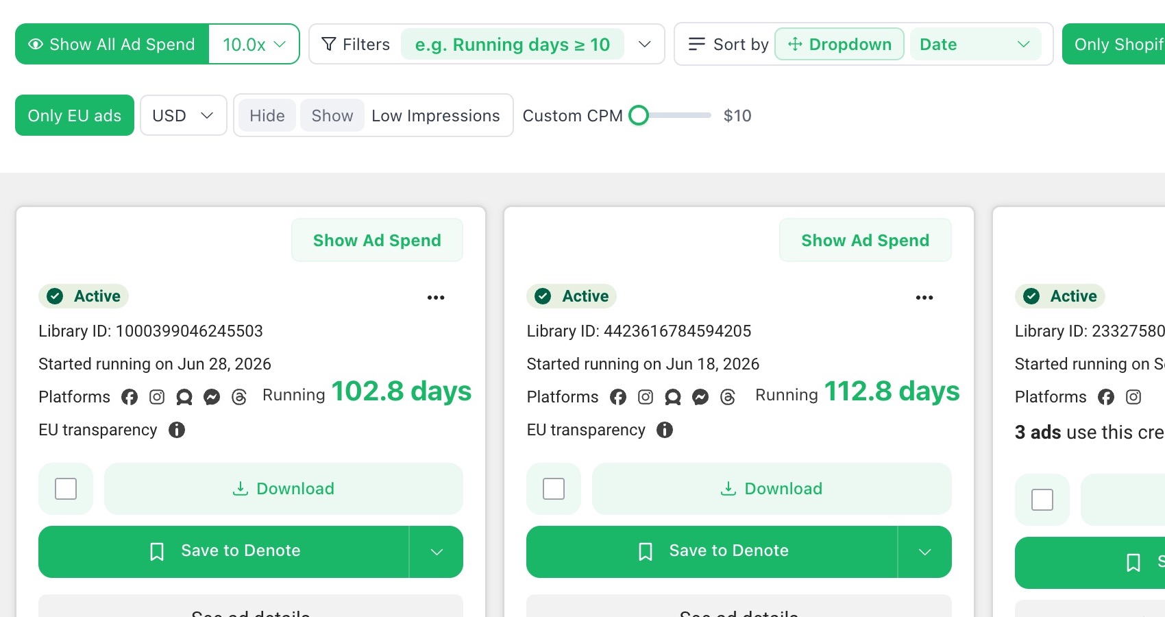Denote extension toolbar in Meta Ad Library with spend, filter, sort, EU, and Custom CPM controls