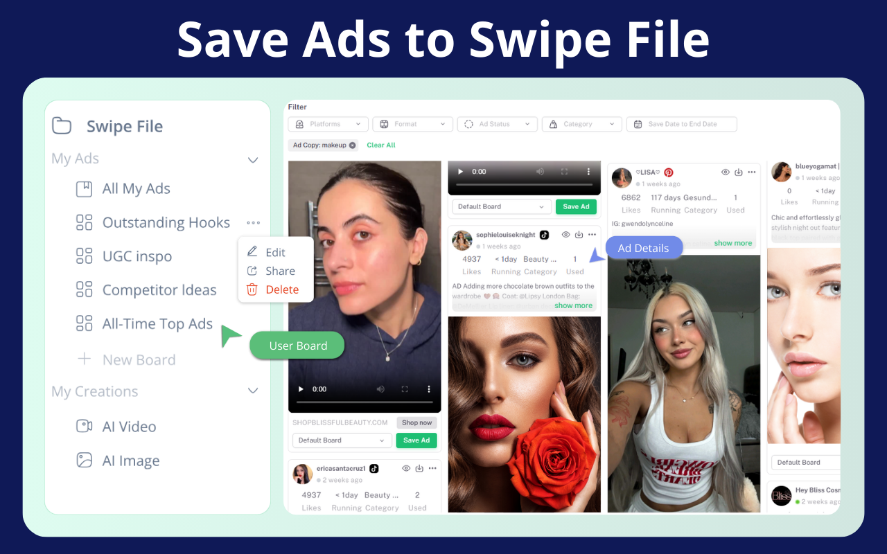 Publisher-supplied Denote example showing named swipe-file boards and saved creative cards