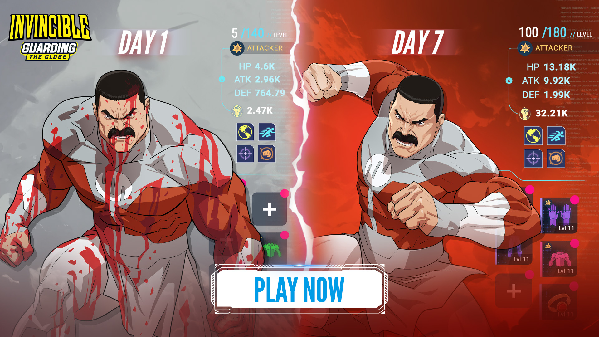 Invincible static ad with an early/later character comparison, stats and a play button