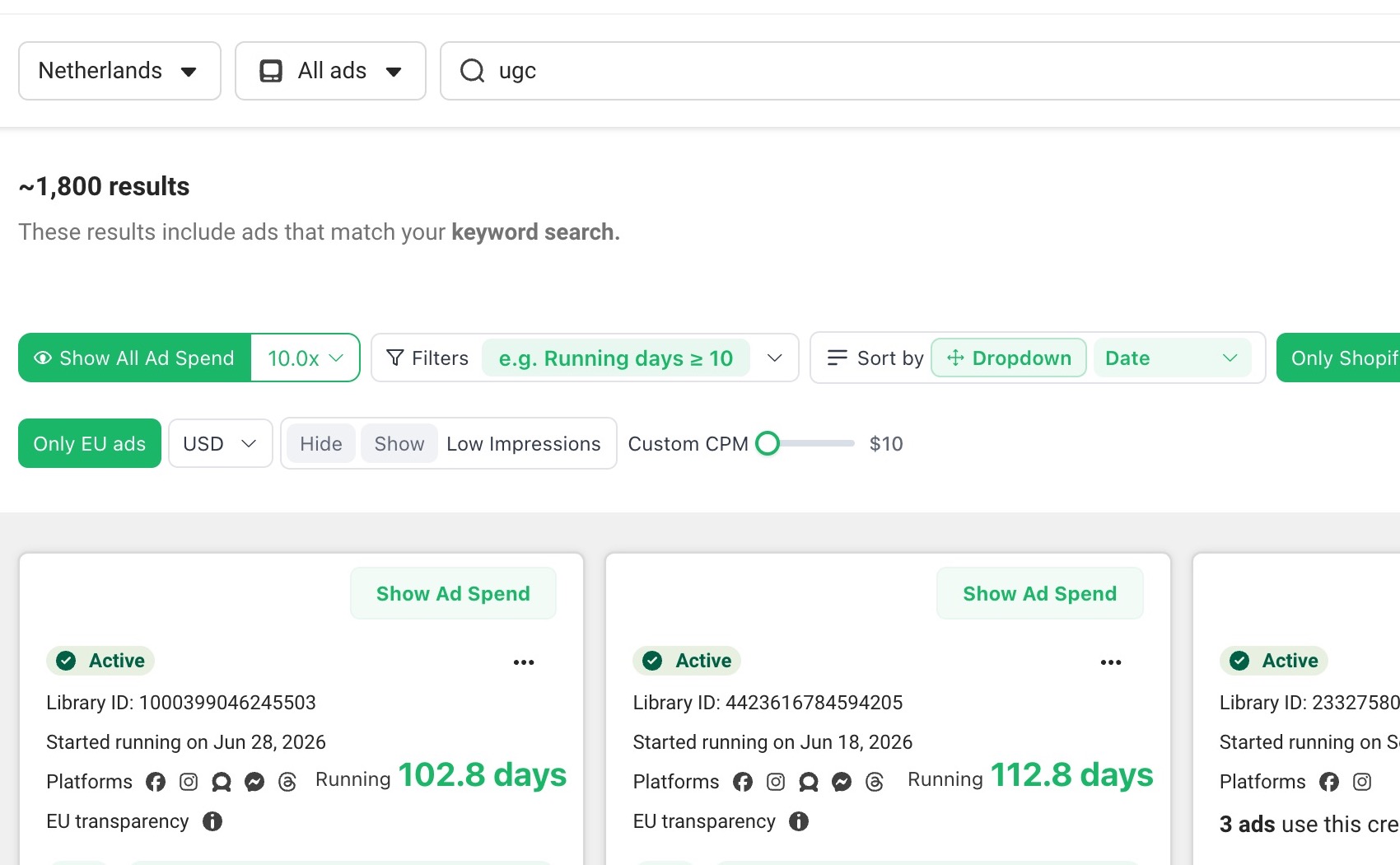 Meta Ad Library Netherlands keyword results with the Denote extension controls visible above ad cards