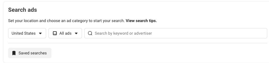 Meta Ad Library search panel with United States, All ads and the keyword or advertiser search field