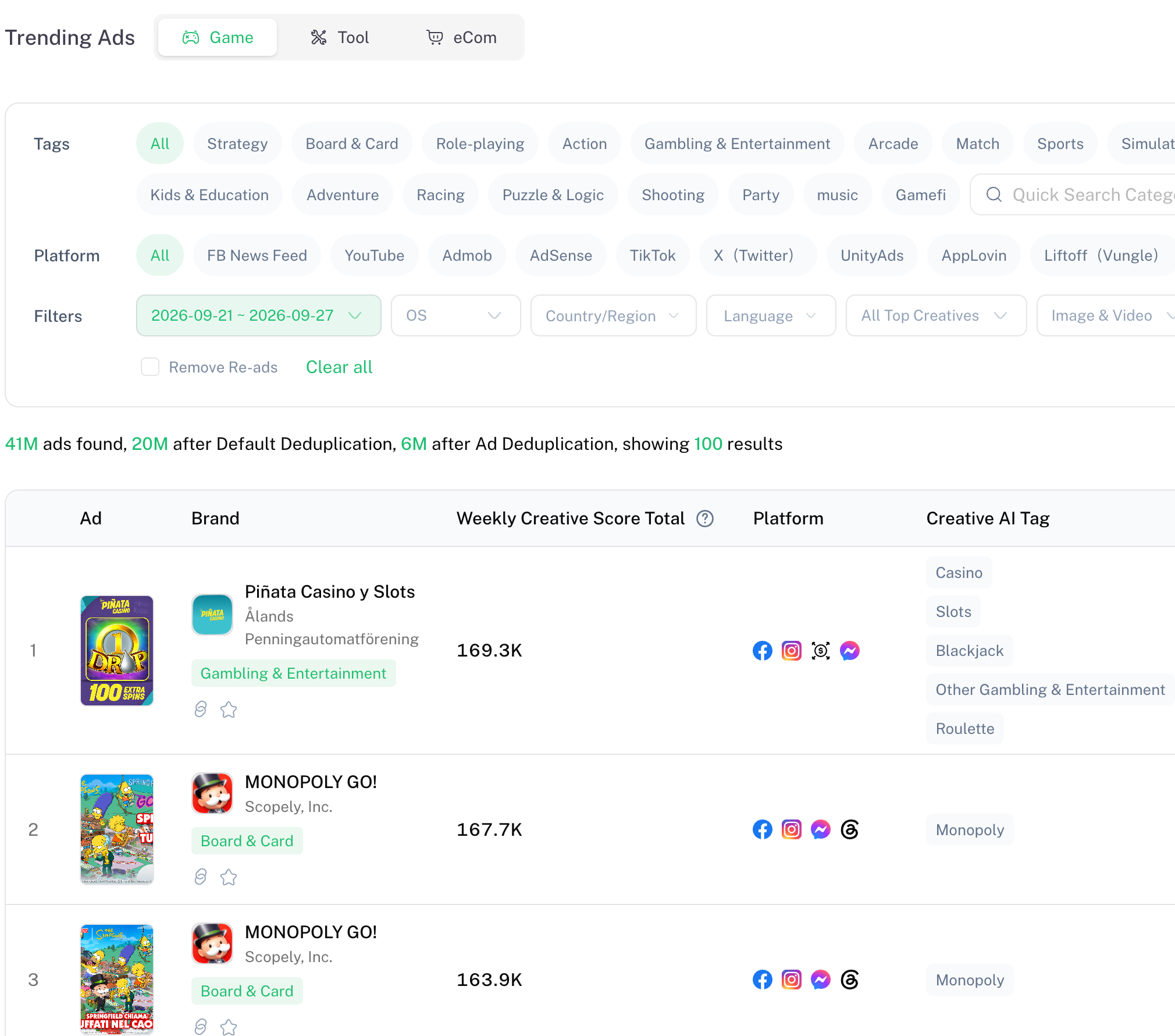 Denote Game Weekly Trending chart with the September 21–27, 2026 week and All filters selected