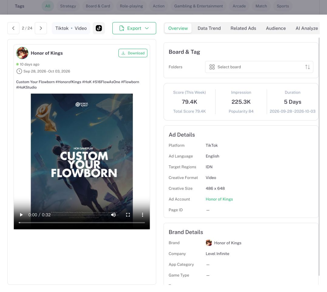 Honor of Kings ad preview in Denote New Ads with a character customization frame and Custom Your Flowborn copy