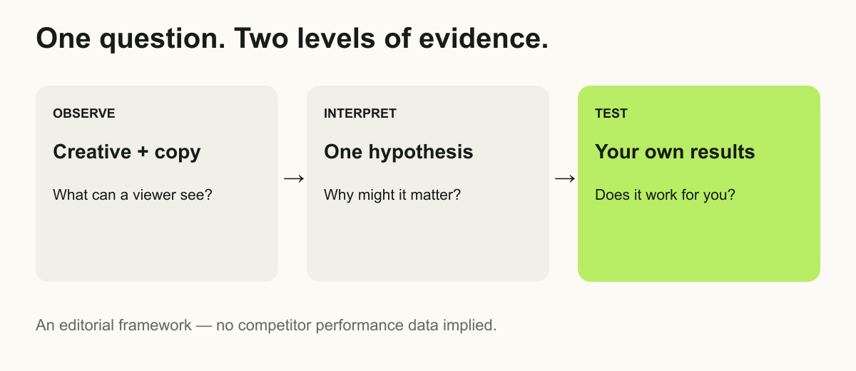Editorial framework showing observe, interpret and test as three separate steps