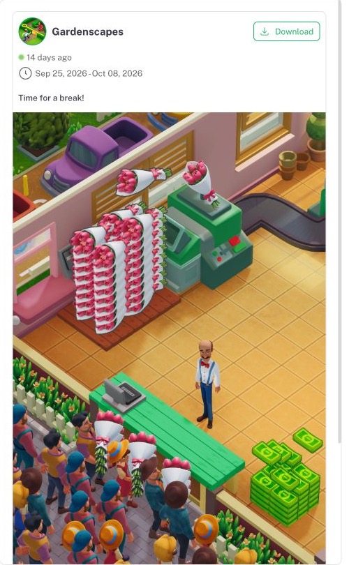 Gardenscapes creative preview in Denote Rising Ads showing a checkout scene and Time for a break copy