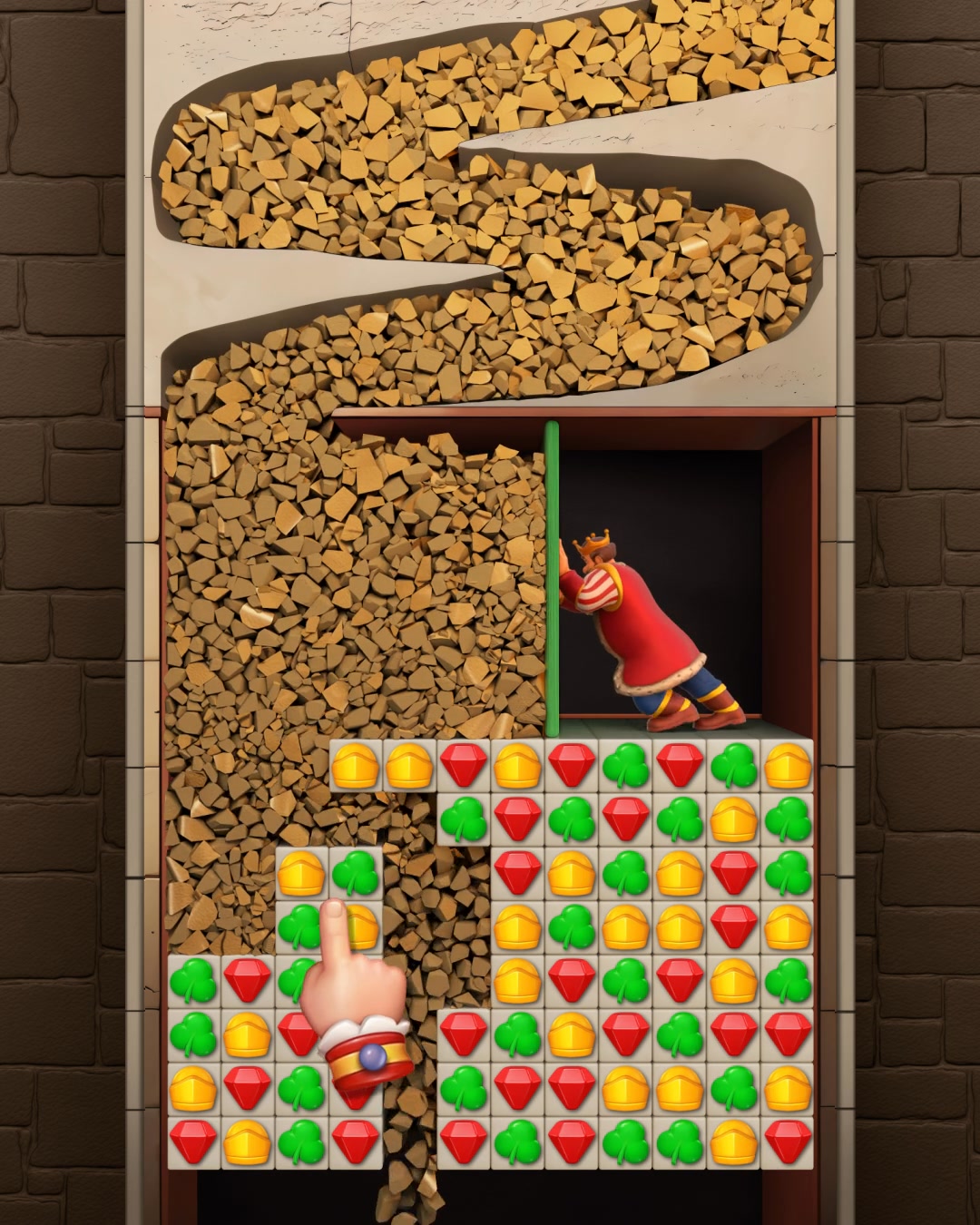 Royal Kingdom preview with a king, rocks and a match grid in the opening frame