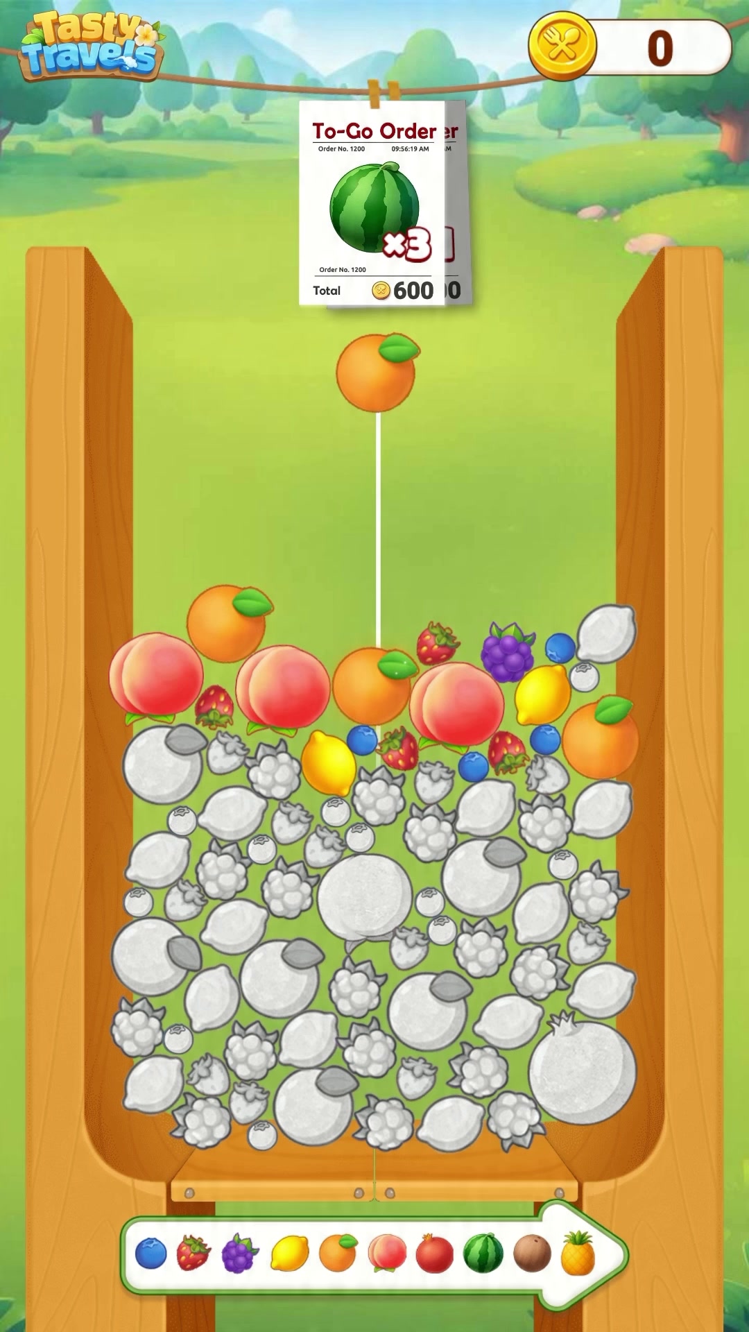 Tasty Travels opening preview with fruit, an order slip and a visible aiming guide