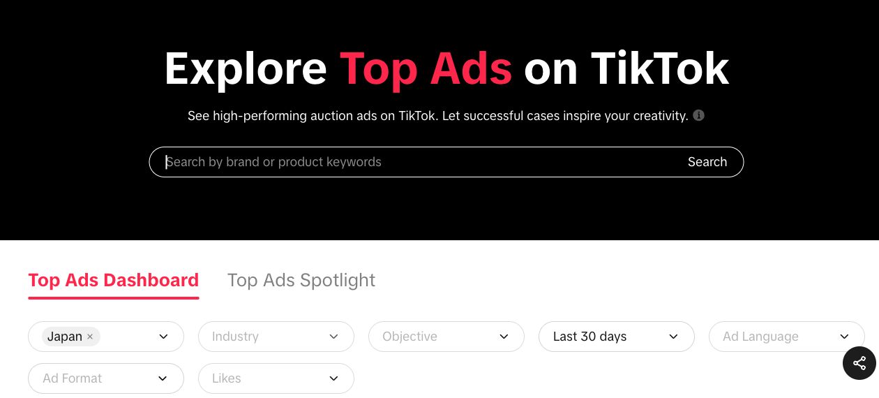 TikTok Creative Center Top Ads Dashboard with keyword search and region, industry, objective and time filters