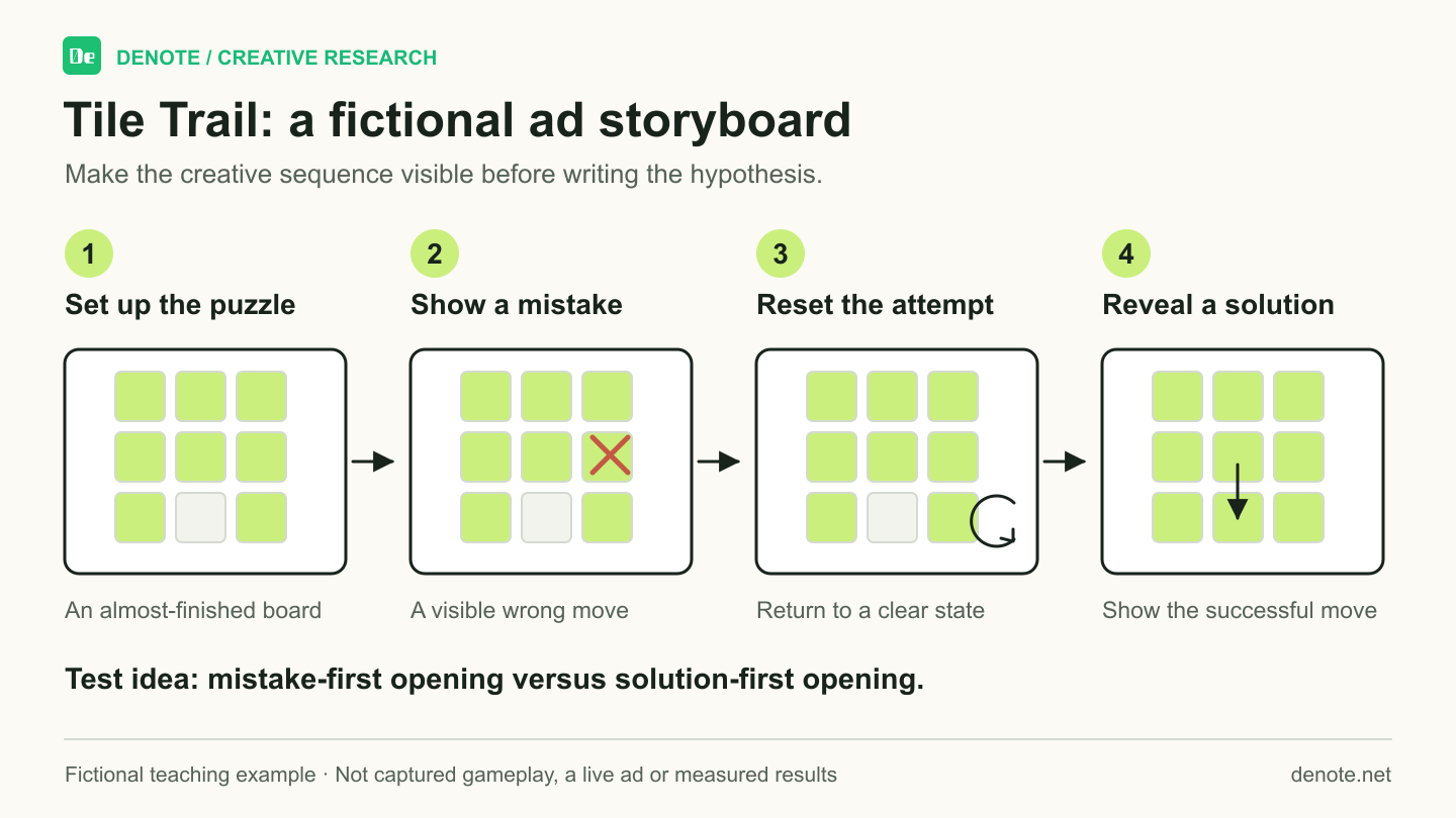 Four fictional Tile Trail storyboard frames: an almost-complete puzzle, a wrong move, a reset and a solution