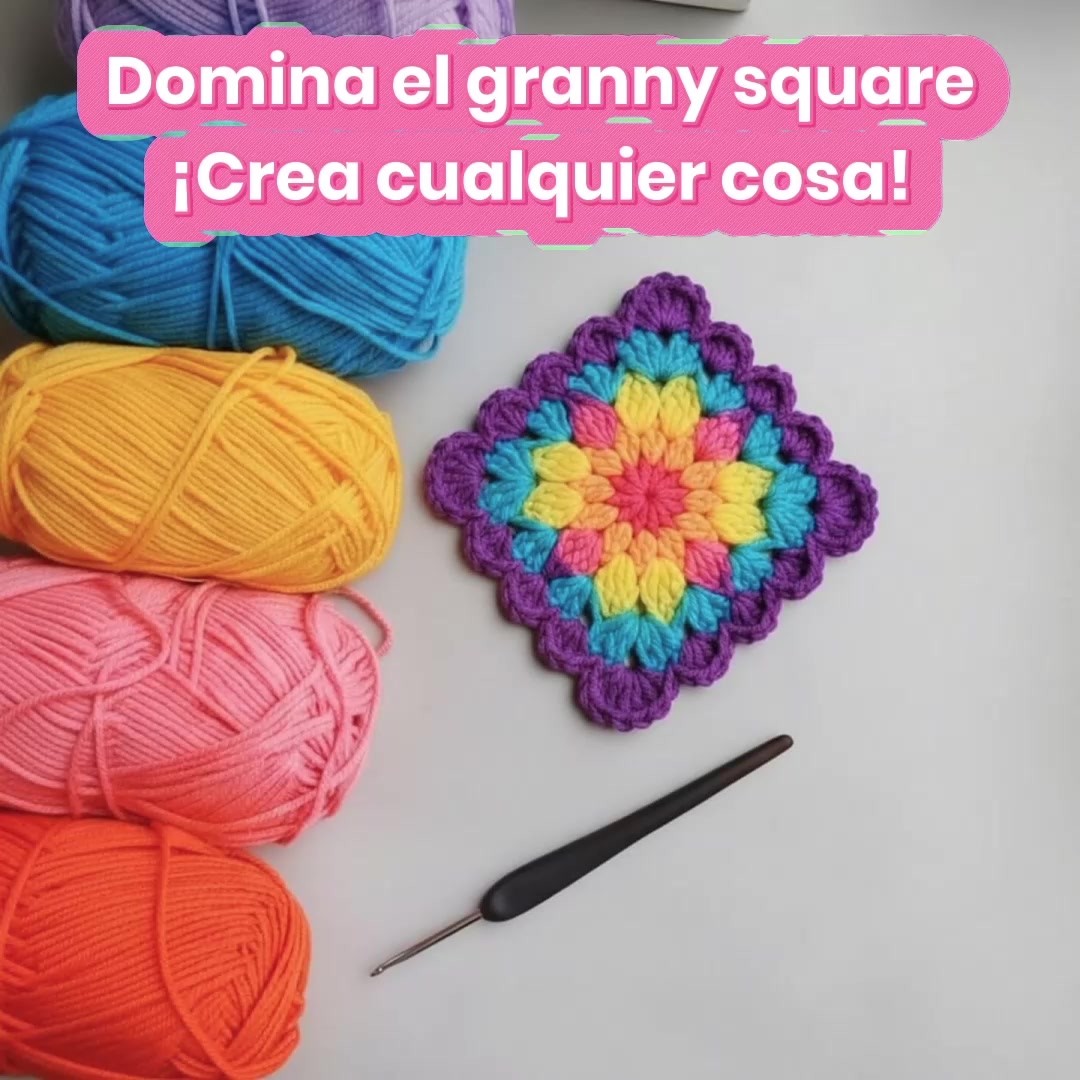 Original YarnPal video poster with colored yarn, a crochet hook, a finished motif and Spanish headline